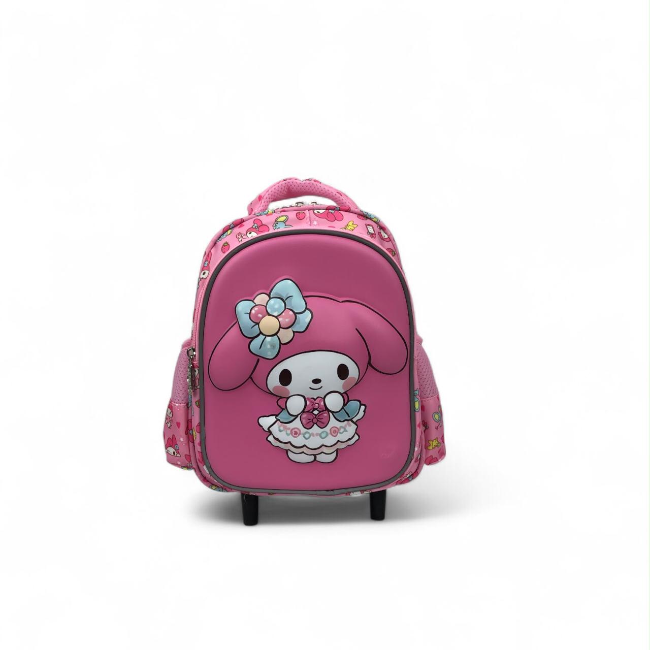 Pink trolley backpack with cute character face graphic and front zipper pocket